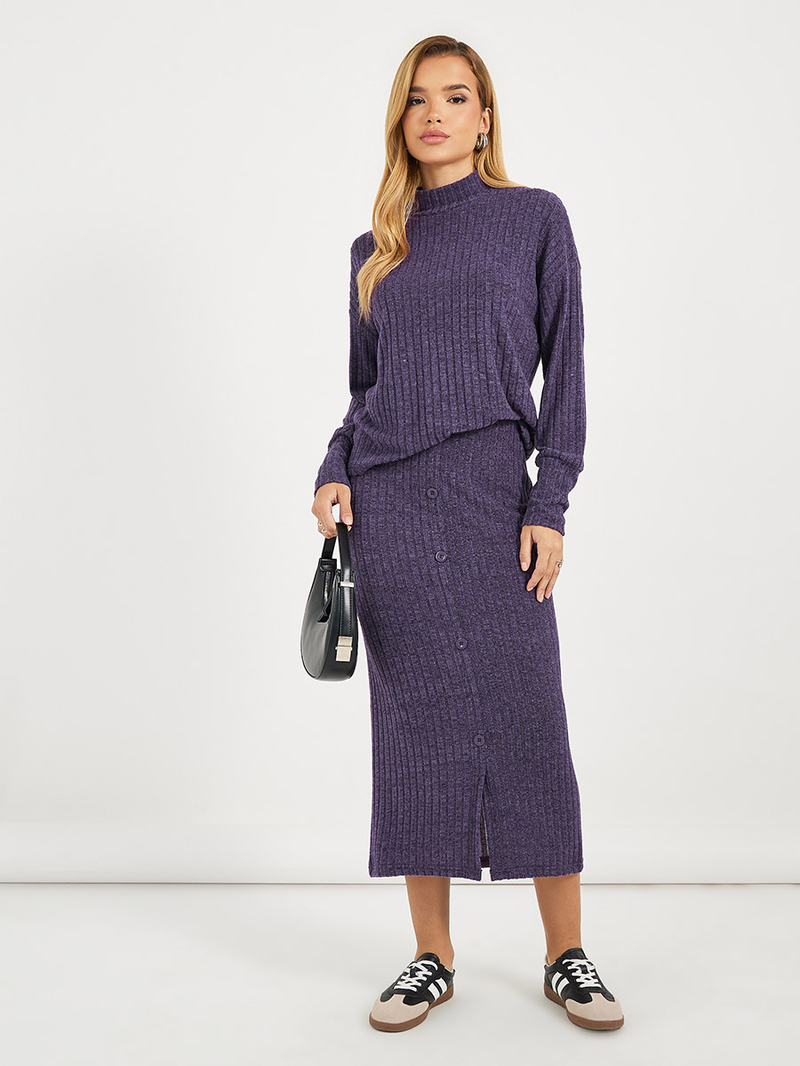 High Neck Knitted Top and Midi Skirt Co-Ords For Women at Qatar