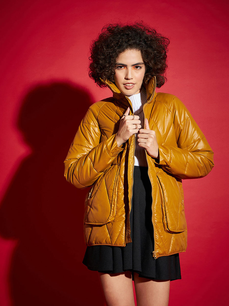 Tokyo Talkies Ladies Yellow Padded Jacket Buy High Neck Diamond