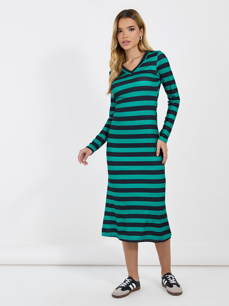 Striped Long Sleeves T-Shirt Midi Dress For Women at Qatar Styli