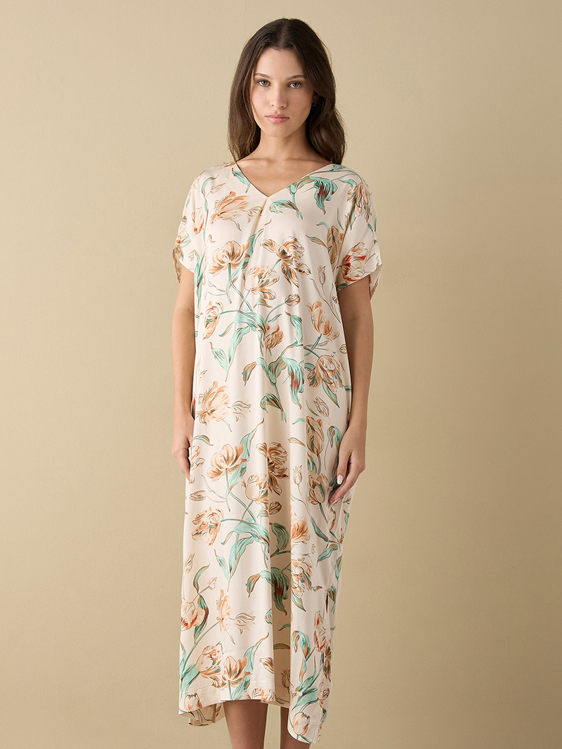 Buy All Over Floral Print Kaftan Night Gown with V Neck and