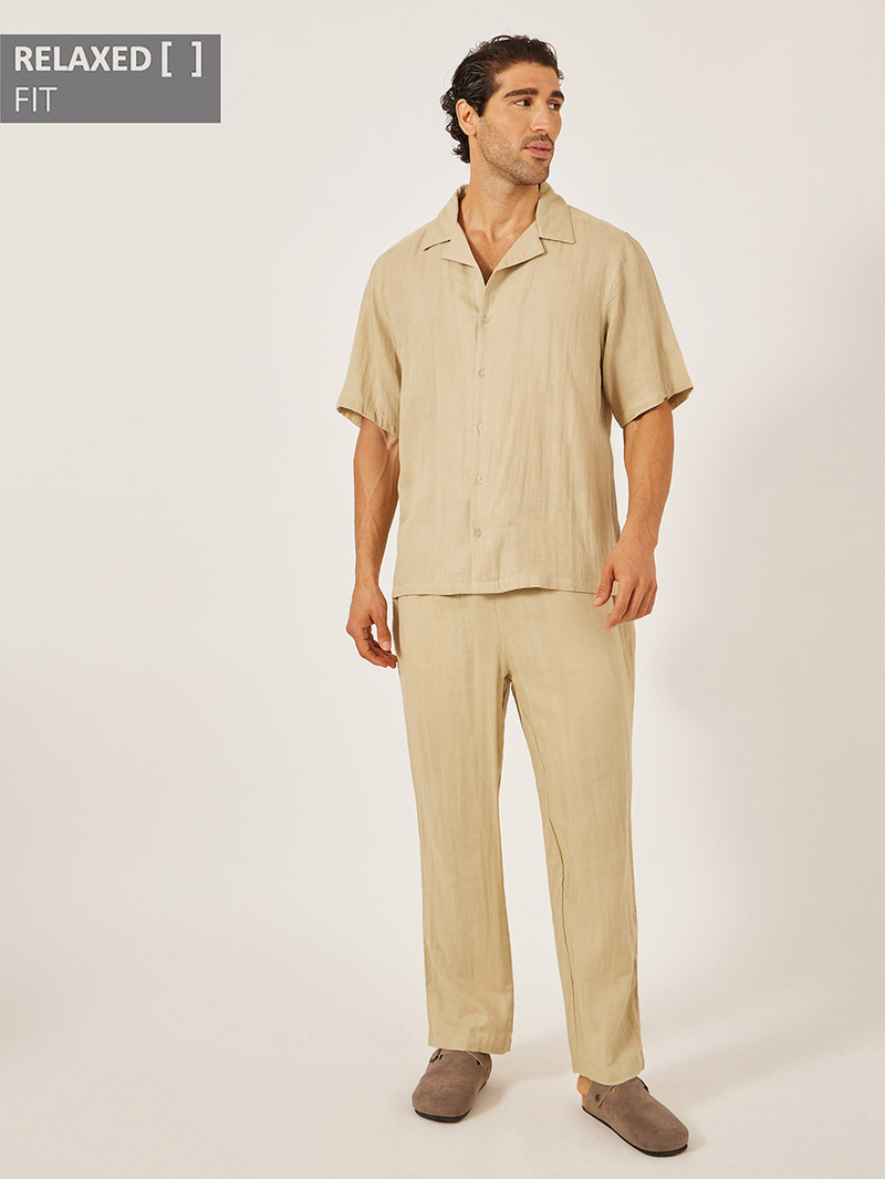 Solid Resort Collar Relaxed Fit Shirt and Trousers Co-Ords For Men
