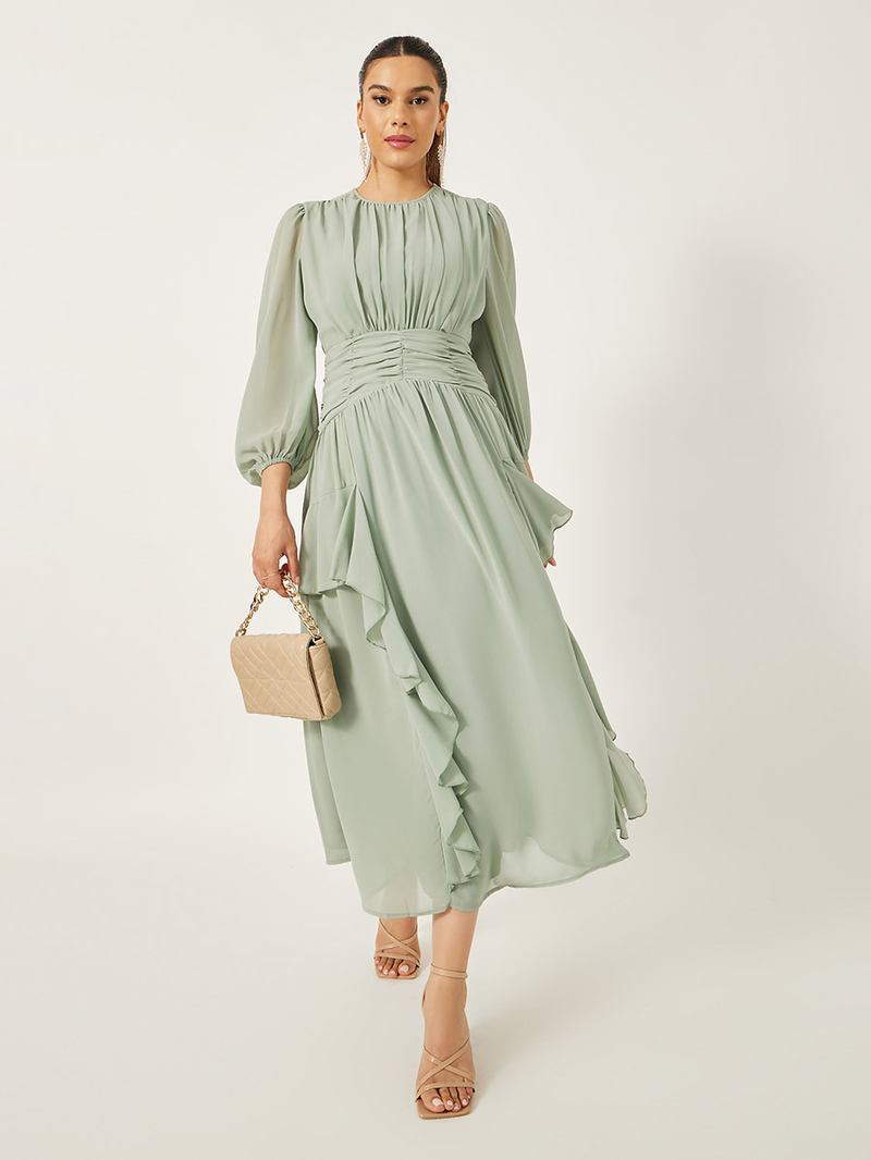 Buy Ruffled Detail Balloon Sleeves A-Line Midi Dress Green