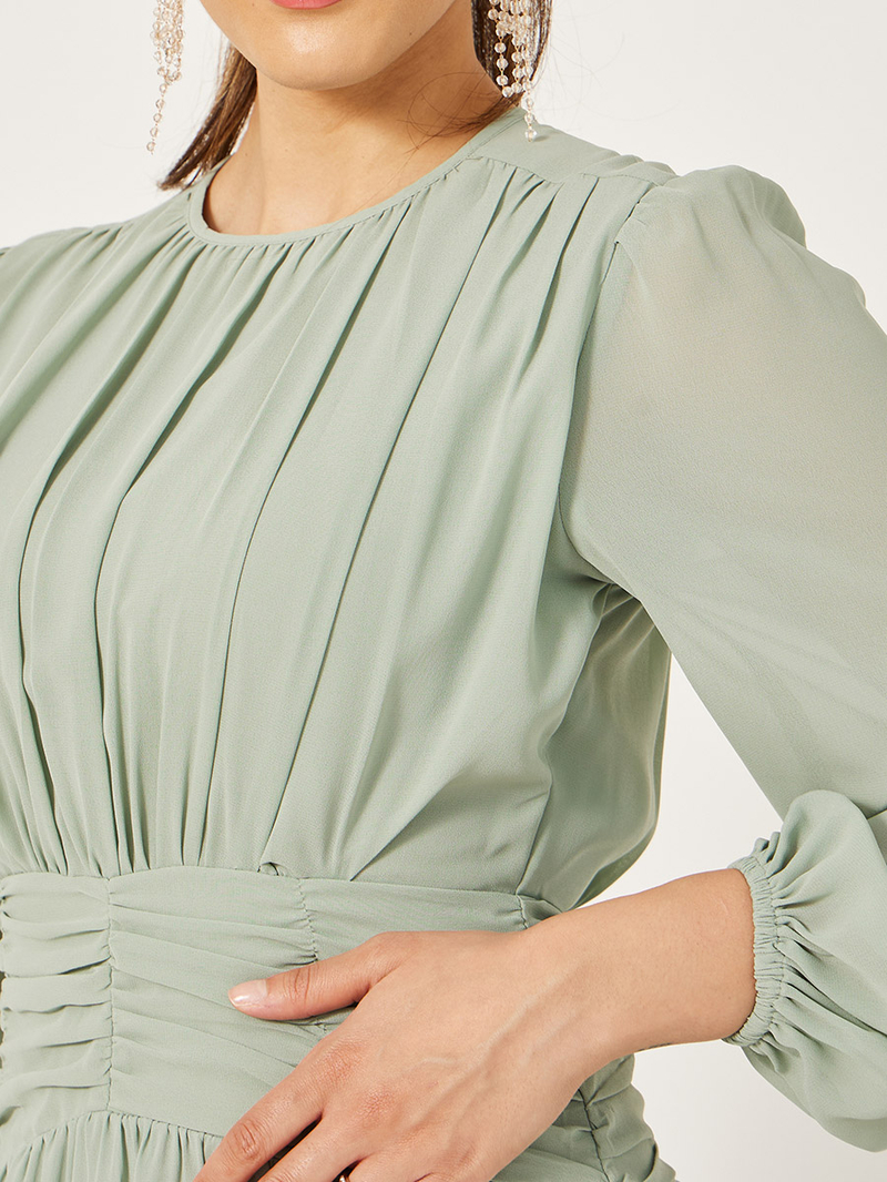 Buy Ruffled Detail Balloon Sleeves A-Line Midi Dress Green