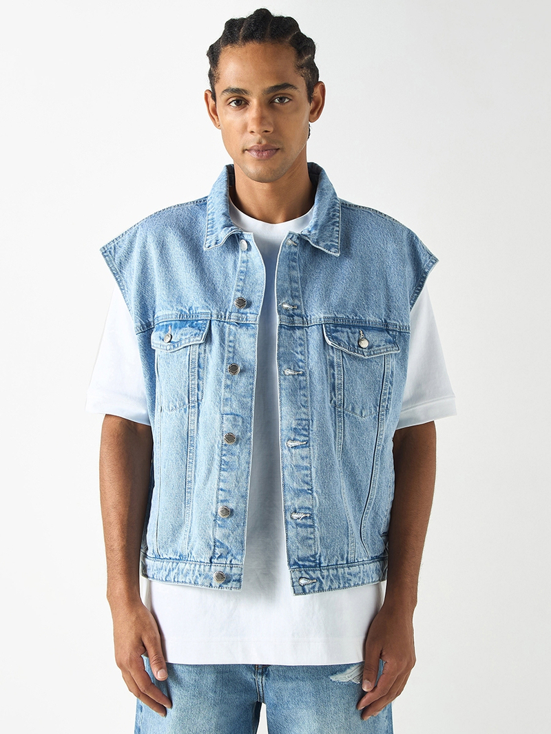 Lee Cooper Sleeveless Denim Jacket with Chest Pockets For Default