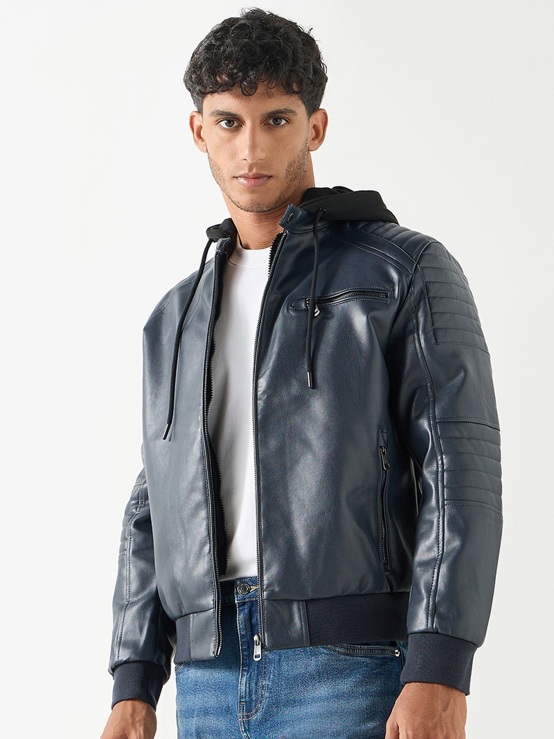 Lee Cooper Solid Zip Through Biker Jacket with Hood and Pockets