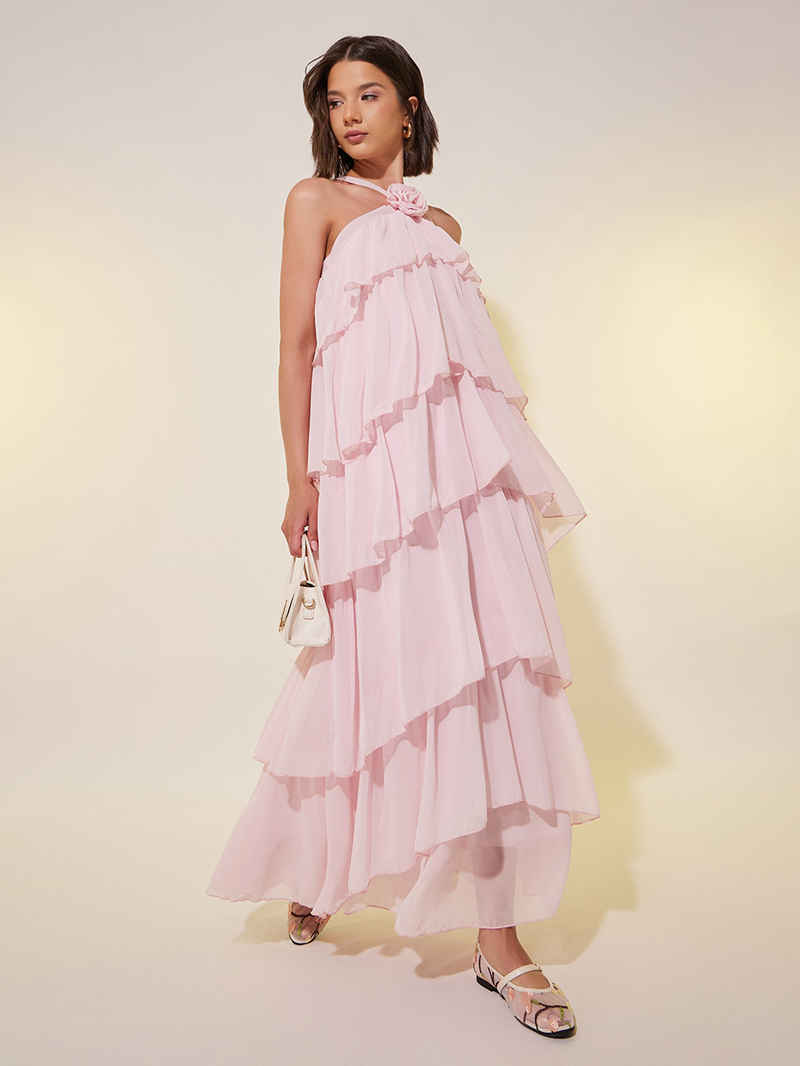 Buy Women Pink Solid Halter Neck Tiered Maxi Dress with