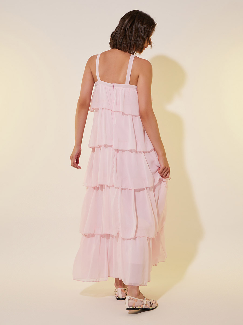 Buy Women Pink Solid Halter Neck Tiered Maxi Dress with