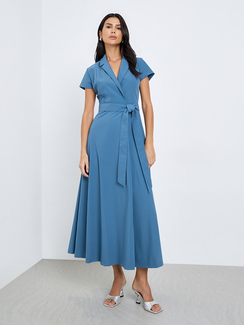 Blue Solid Short Sleeves Wrap Maxi Dress For Women at Qatar Styli