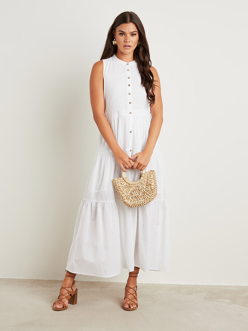 ☆DOROSIWA☆ Minimal Garments soft cotton sleeveless Buy Cotton Sleeveless Tiered Maxi Dress with Button Front