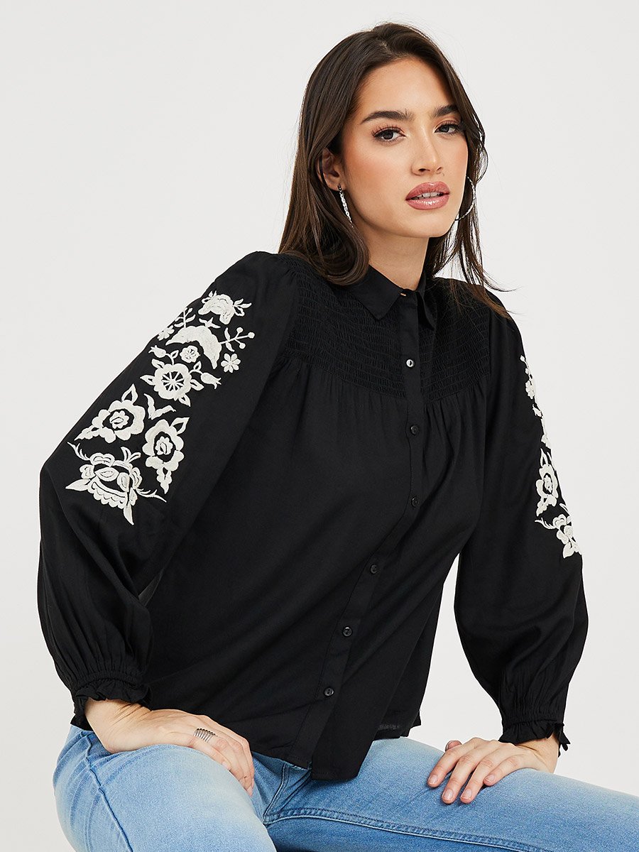 Buy Embroidered Gathered Yoke Regular Length Shirt Black For Women | Styli  Kuwait