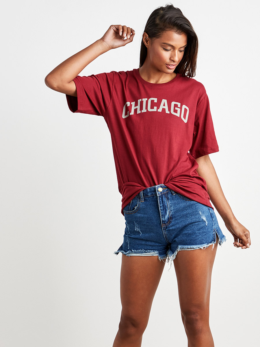 Black Chicago Slogan Oversized T Shirt, Tops