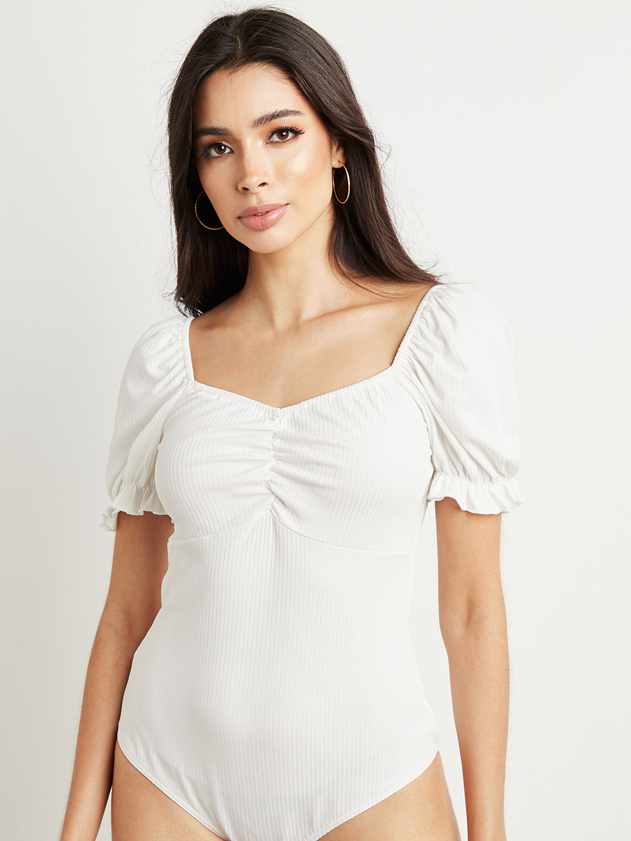 Buy Ribbed Sweetheart Neckline Puff Sleeve Bodysuit White