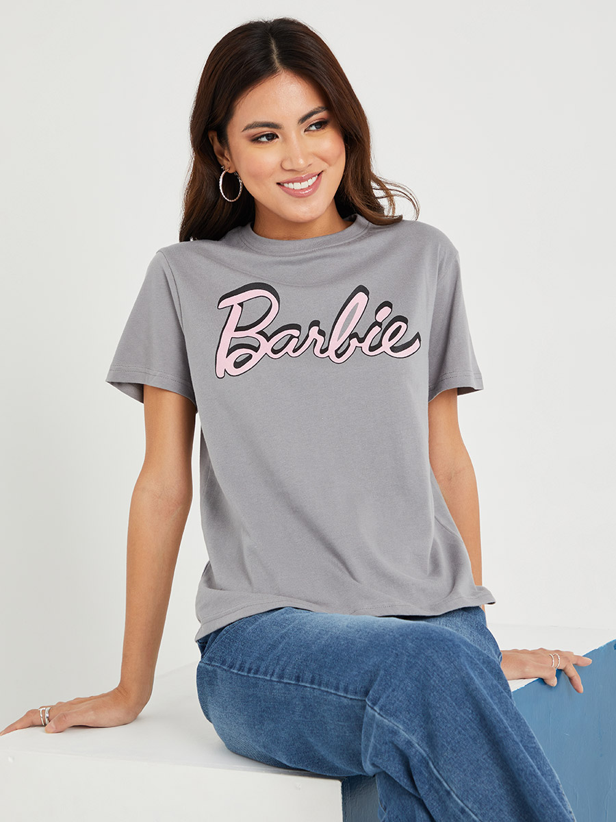 Buy Short Sleeves Barbie Logo Glitter Print Regular Fit T