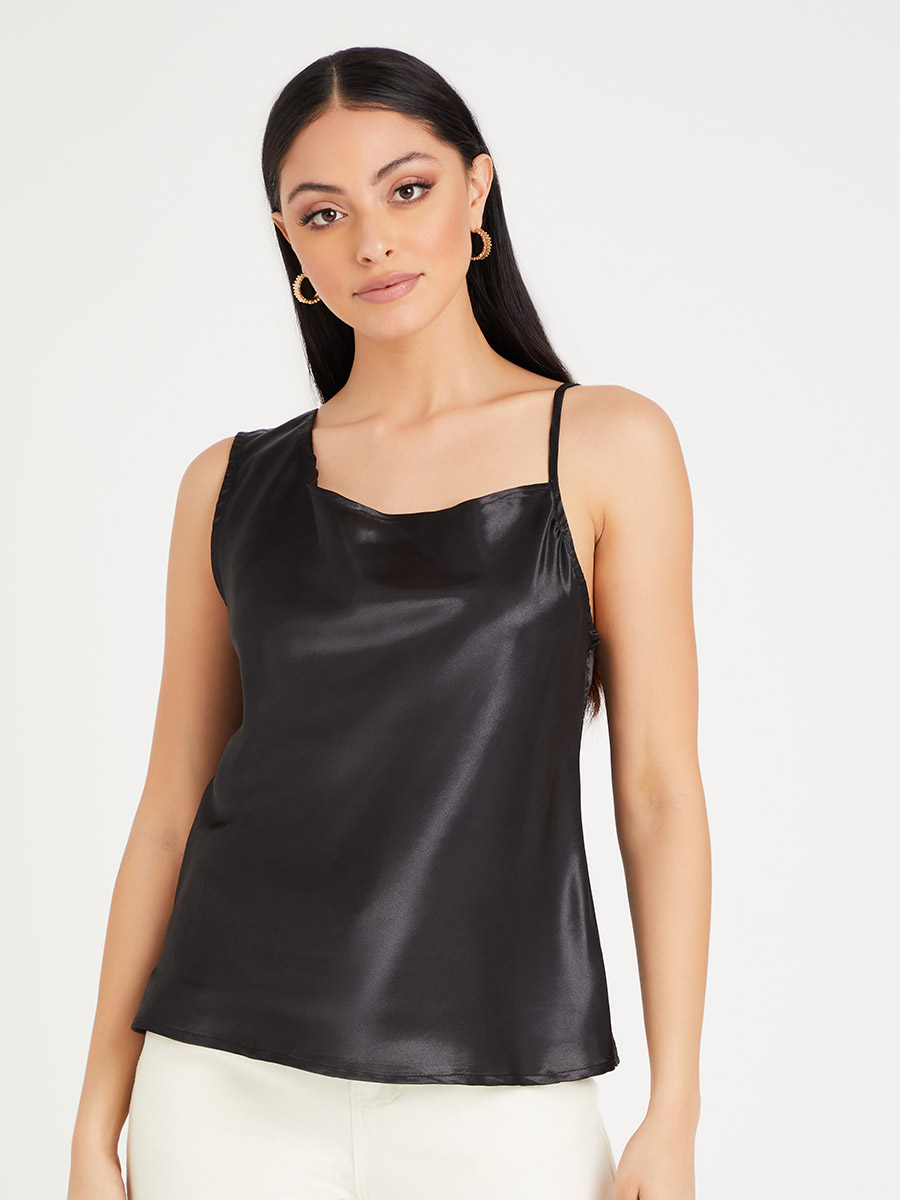 ASOS DESIGN satin cami with lace insert and strap back in black