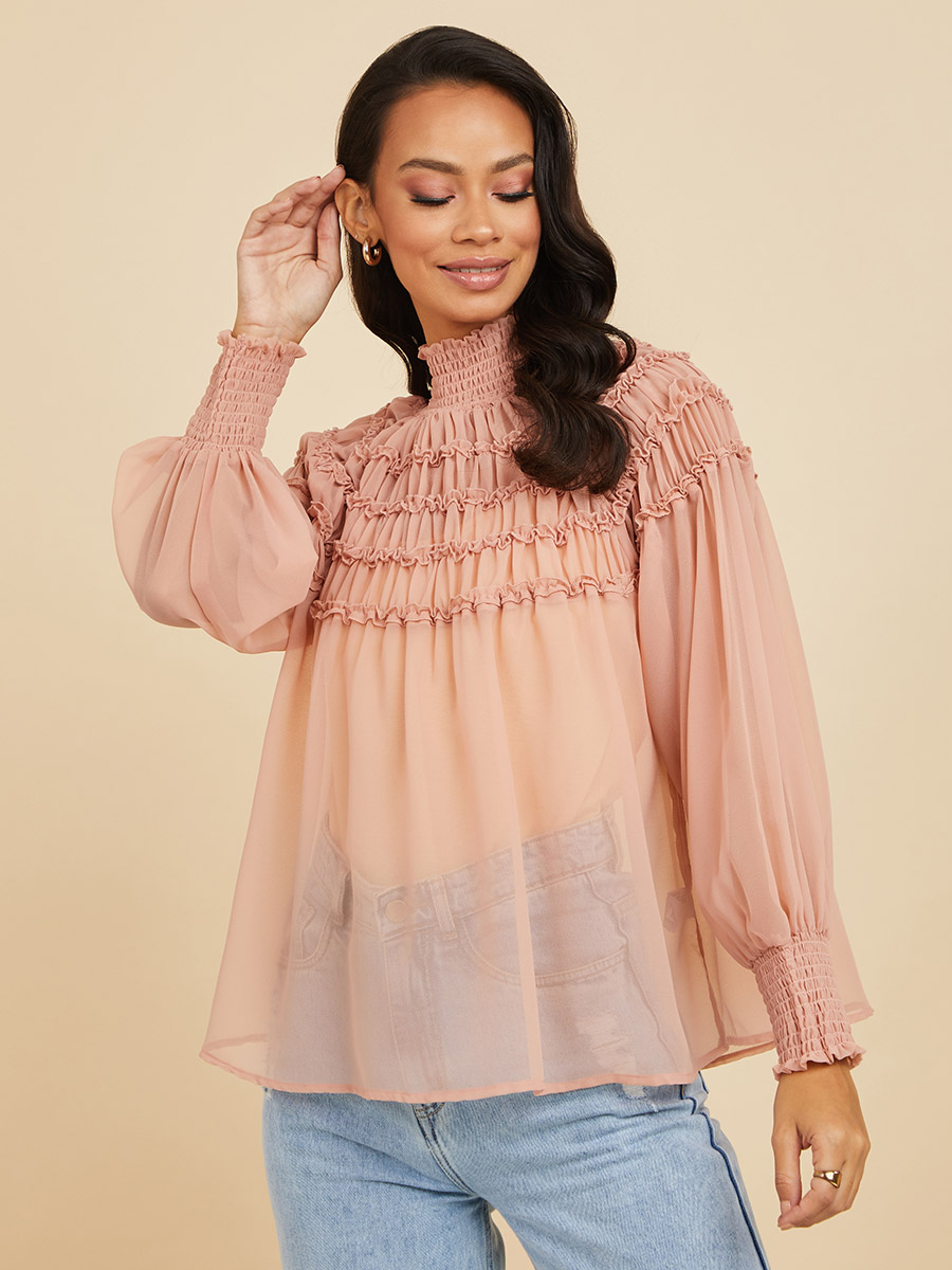 Cuffed Sleeves High Neck Sheer Ruffled 