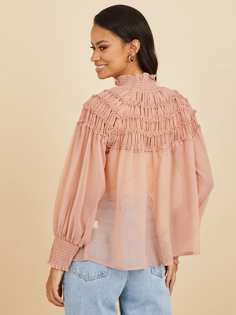 Buy Cuffed Sleeves High Neck Sheer Ruffled Blouse Pink For