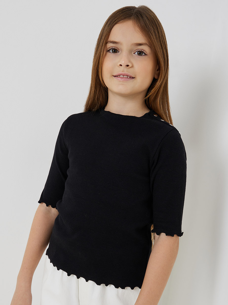 Buy Fitted Lettuce Edge Button Detail Ribbed Top Black For Kids