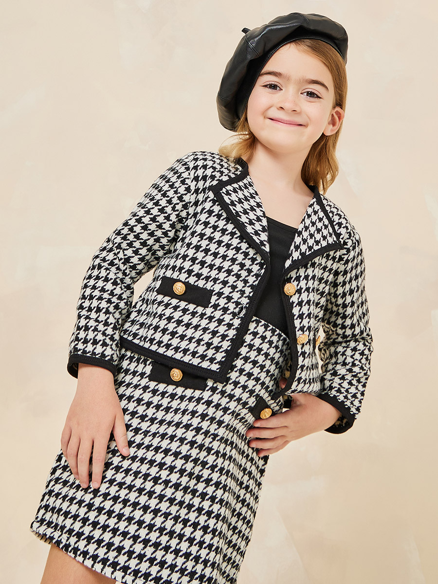 Houndstooth Button Detail Jacket and Skirt Set For Kids at Saudi
