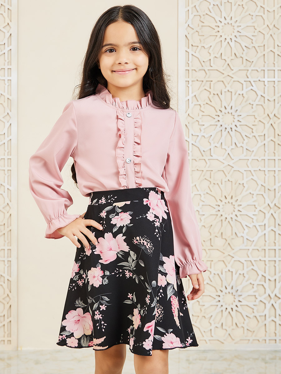 Buy Ruffle Trim Long Sleeves Top and Floral Print Skirt Set Pink