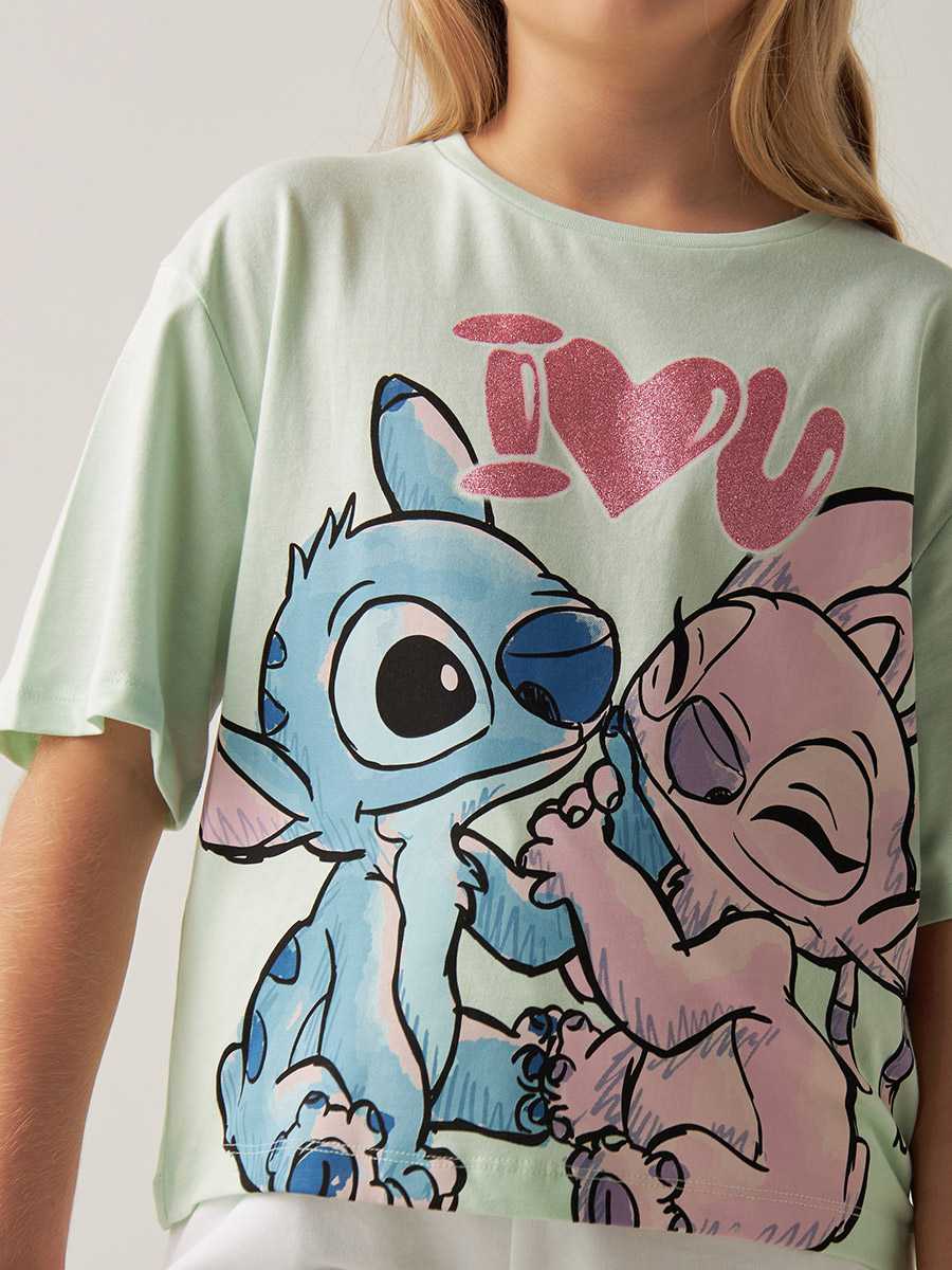 Buy Disney Lilo and Stitch Print Drop Shoulder T-Shirt Green
