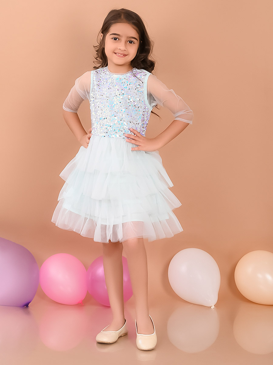 Sequin Detail Mesh Frill Layer Skater Dress For Kids at Qatar Styli