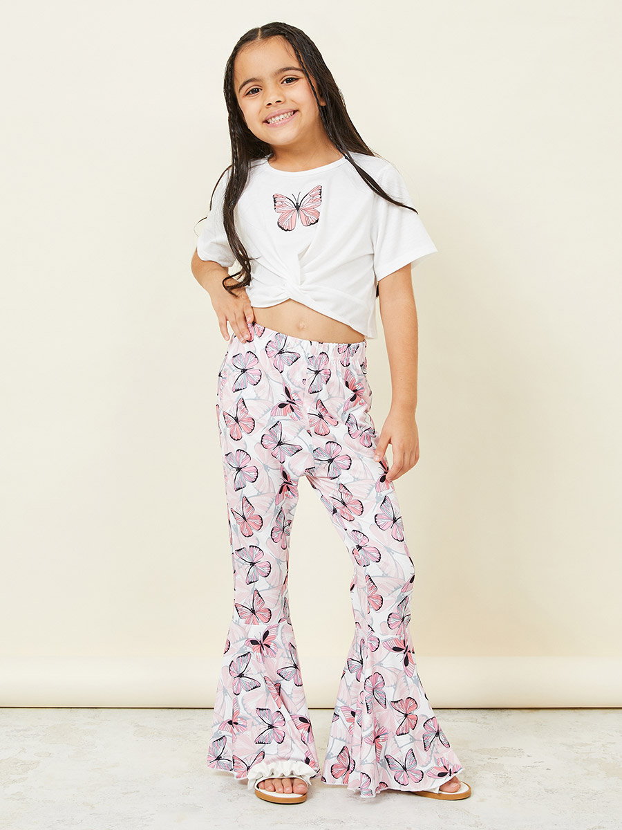 Butterfly Print Knot Front Crop Top and Flared Pants Set For Kids