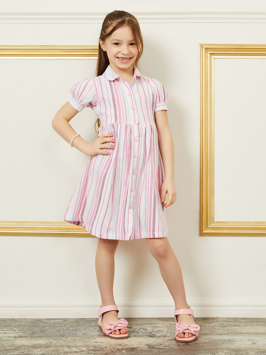 Striped Collared A-Line Dress with Button Closure For Kids at