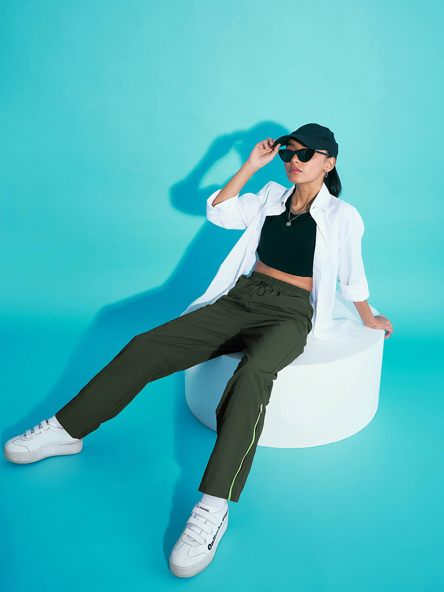 Buy Out Seam Neon Zipper Cargo Parachute Pants Green For