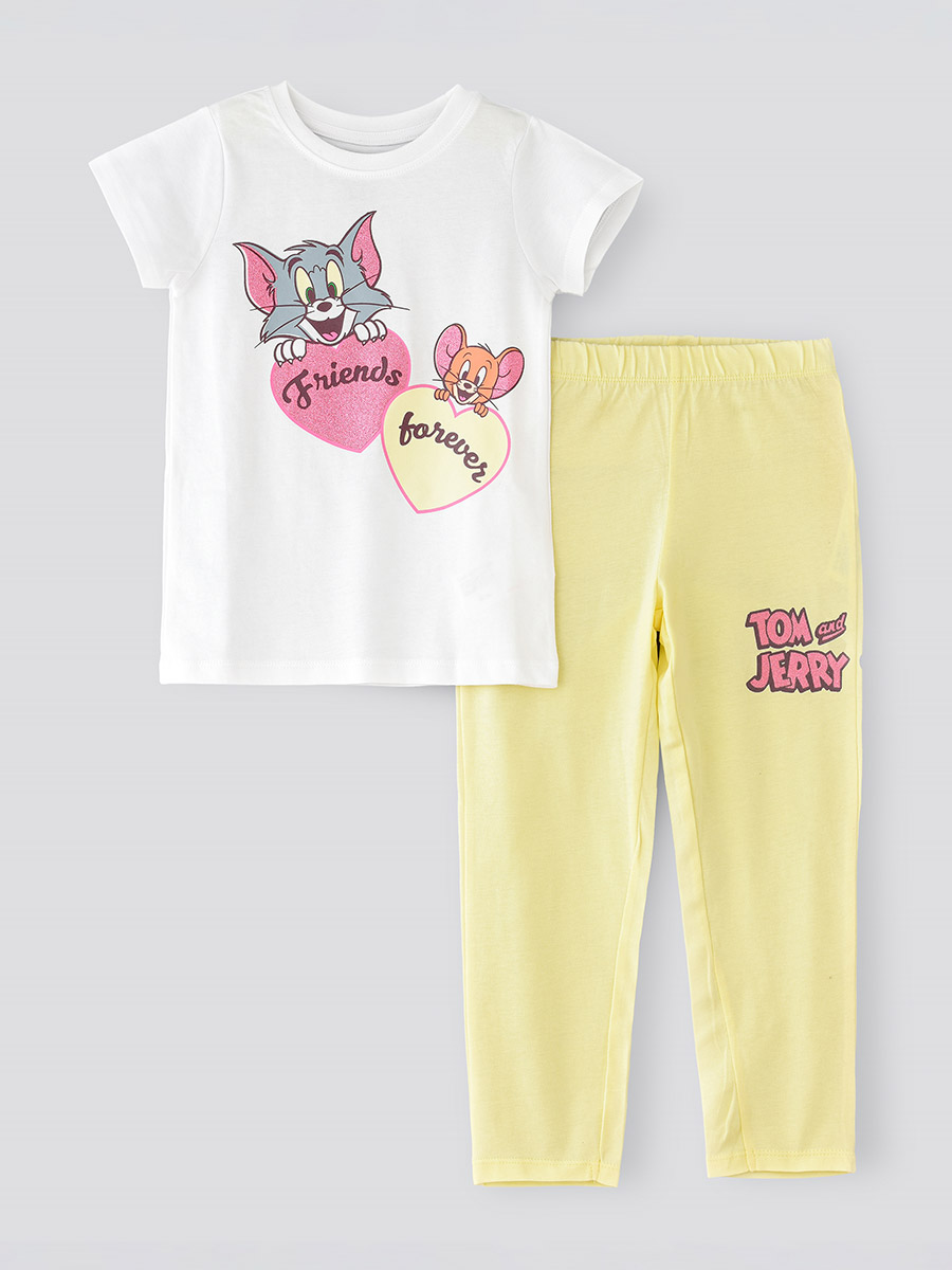 Buy Tom and Jerry Graphic T-Shirt and Pyjama Set Yellow For Kids
