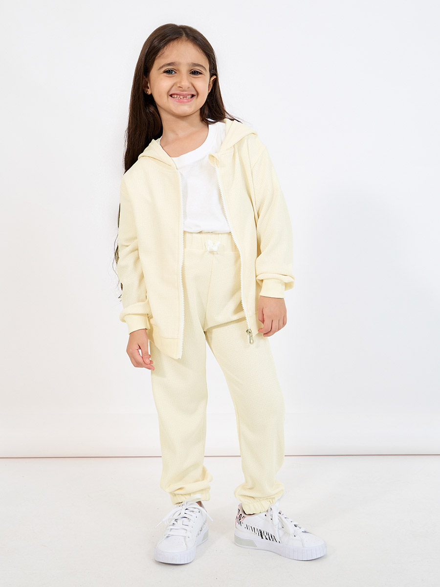Buy Rib Knit Zip Front Hoodie and Jogger Set Beige For Kids