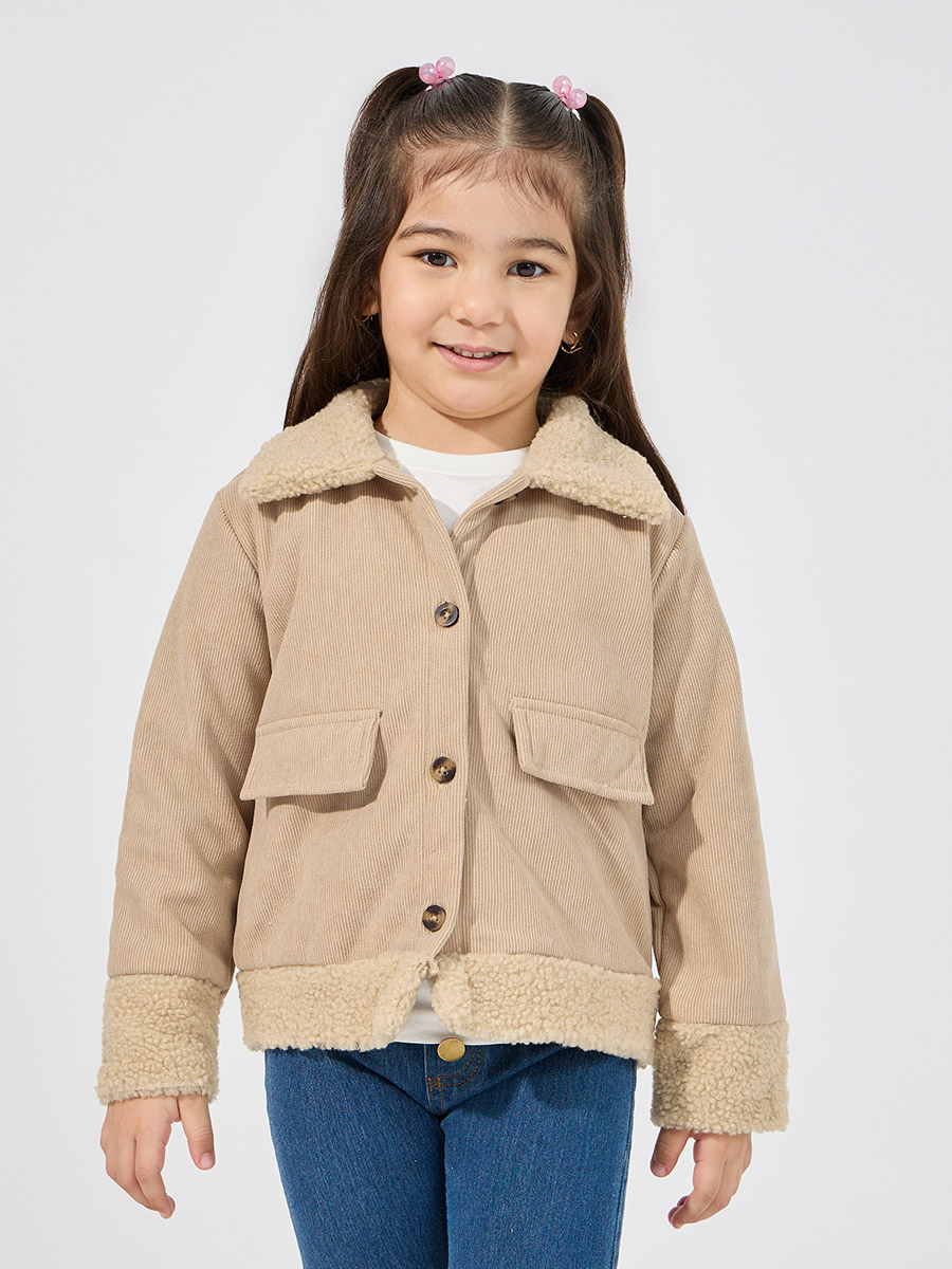 Teddy Faux Fur Trim Thermal Lined Corduroy Jacket For Kids at