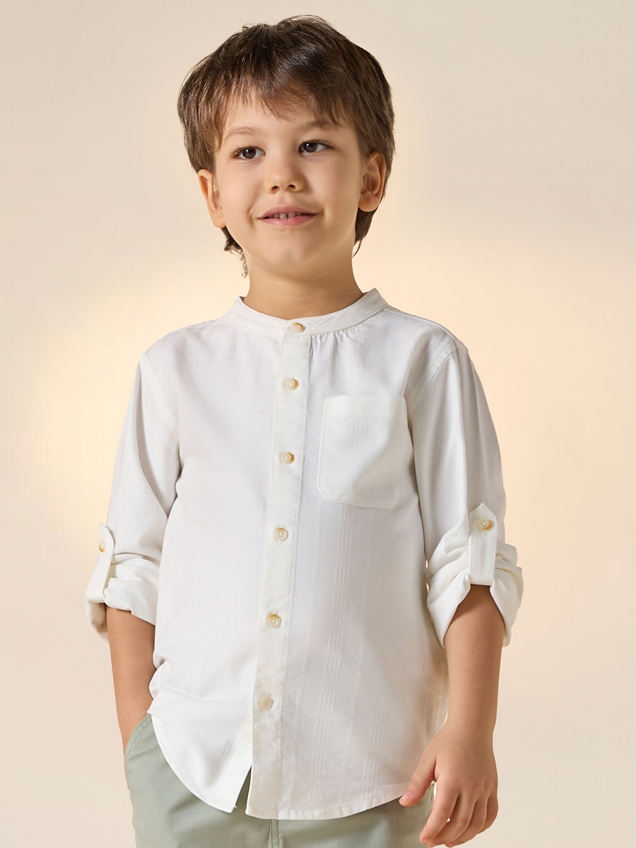 Solid Shirt with Mandarin Collar and Long Sleeves For Default