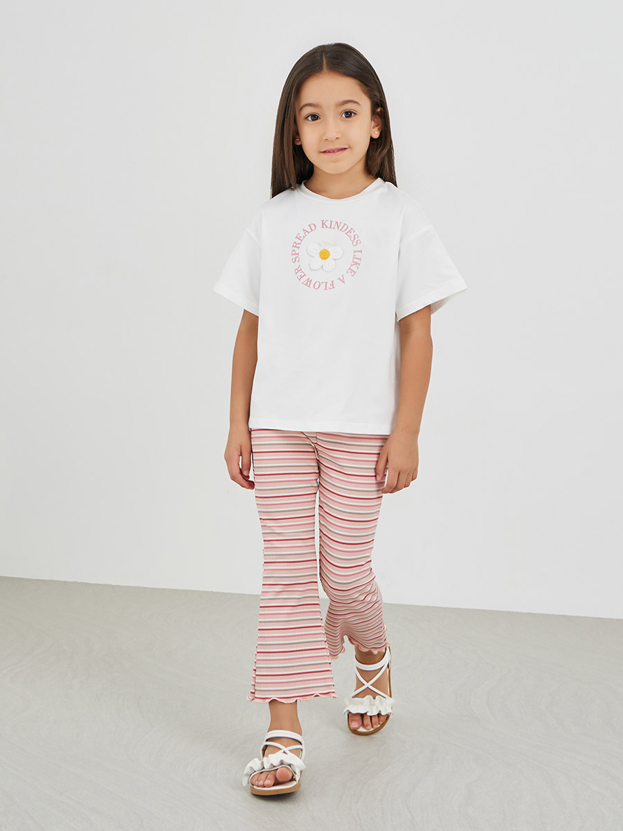 Flower Patch T-Shirt and Striped Leggings Set For Kids at Qatar