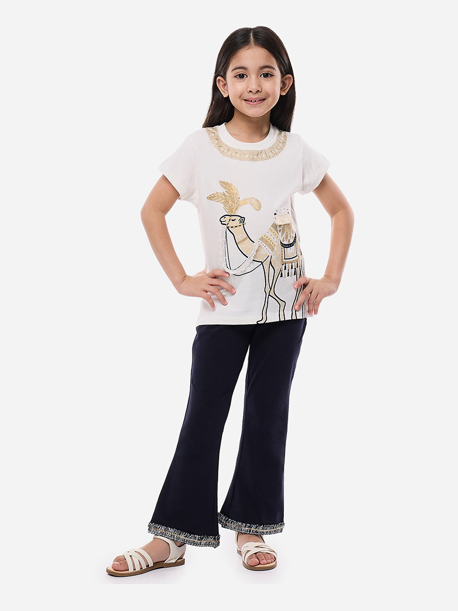Girls Camel Graphic T-Shirt and Flared Leggings Set For Kids at