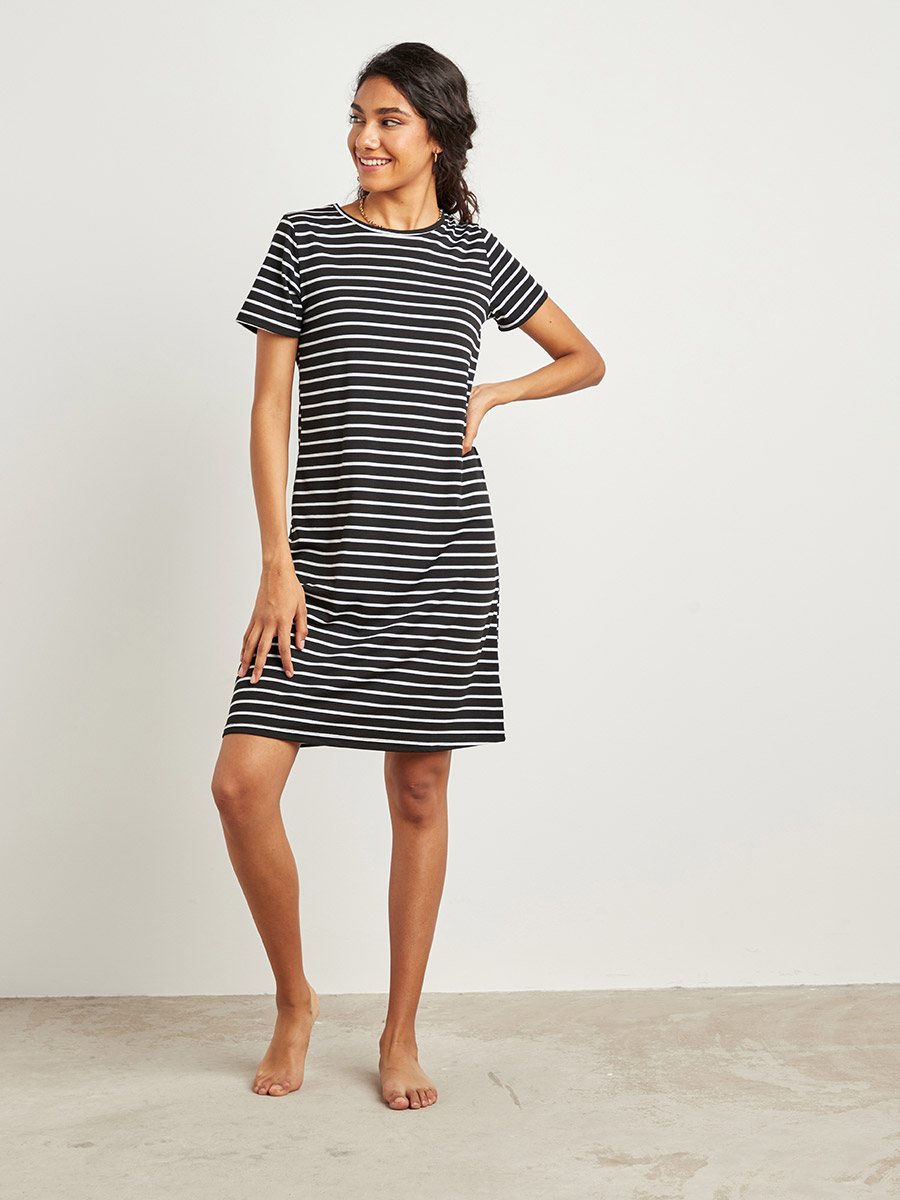 Pack of 2 - Striped Sleep Dress with Round Neck and Short Sleeves