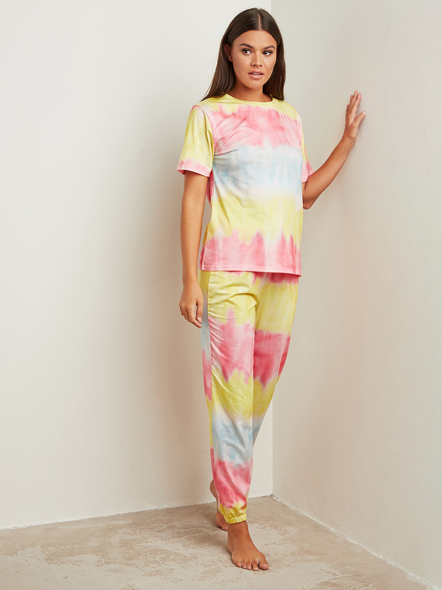 Tie Dye Round Neck T-shirt and Cuffed Pyjama Set For Women at