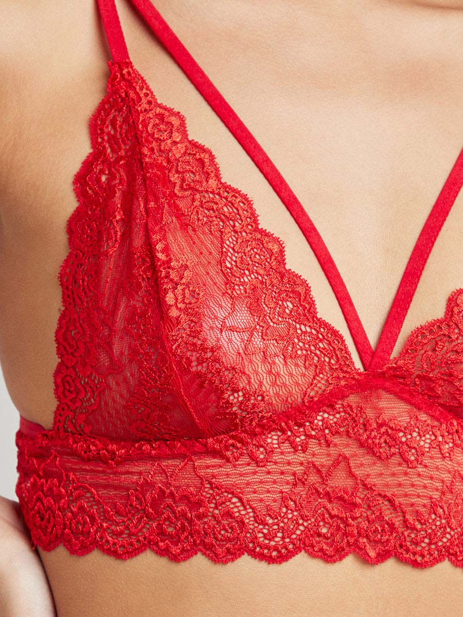 Buy Strappy Detail Lace Bralette and Brazilian Set Red For Women