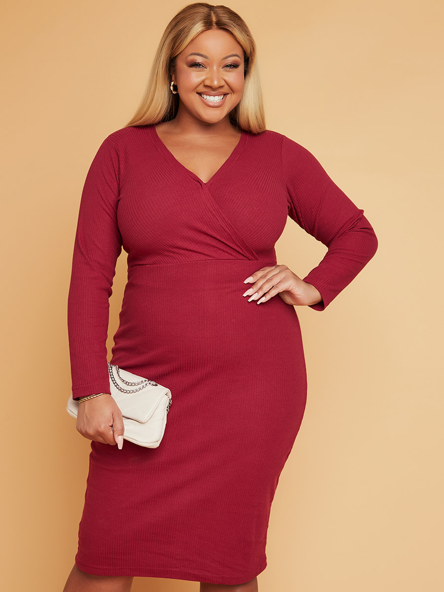 Plus Long Sleeves Fitted Knee Length Dress
