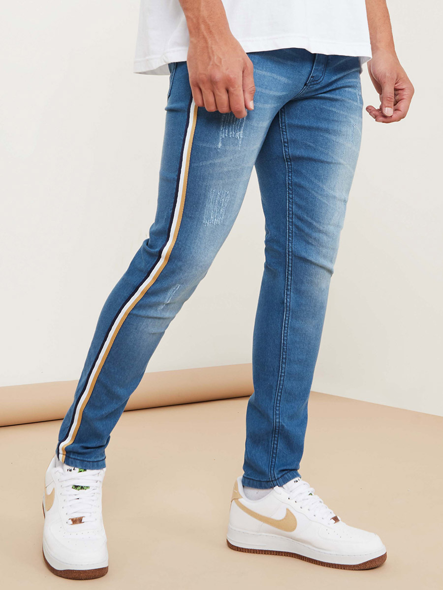 Side Tape Detail Slim Fit Jeans For Men at Saudi Styli