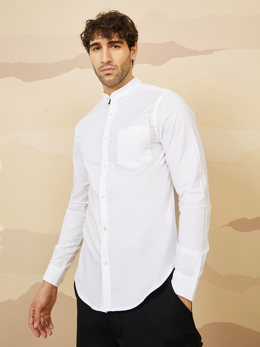 Slim Fit Stretch Cotton Grandad Collar Shirt For Men at UAE Styli