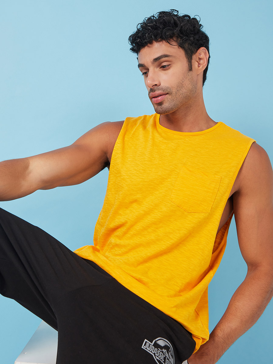 Buy Slub Texture Drop Armhole Tank Top Yellow For Men Styli Bahrain