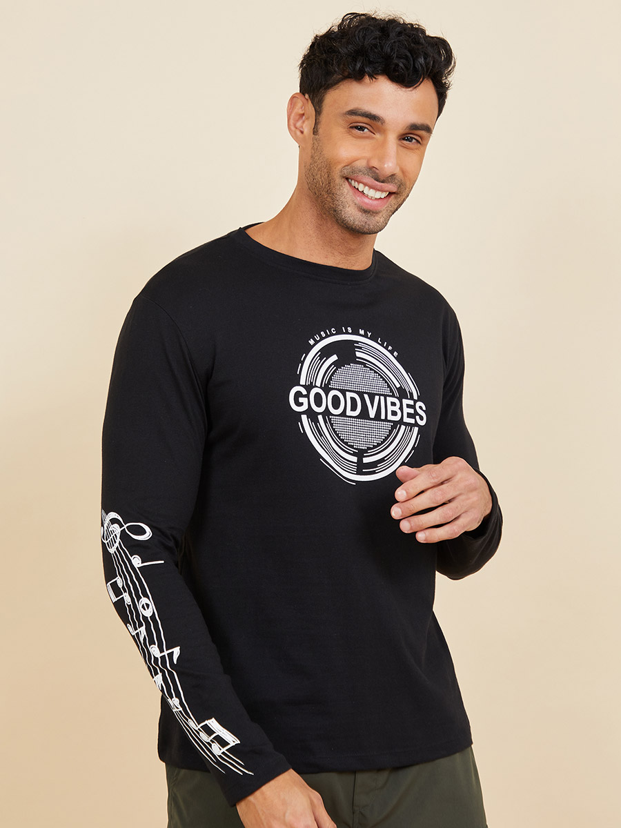 Music Notes Sleeve Placement Print Regular Fit T-shirt For Men at