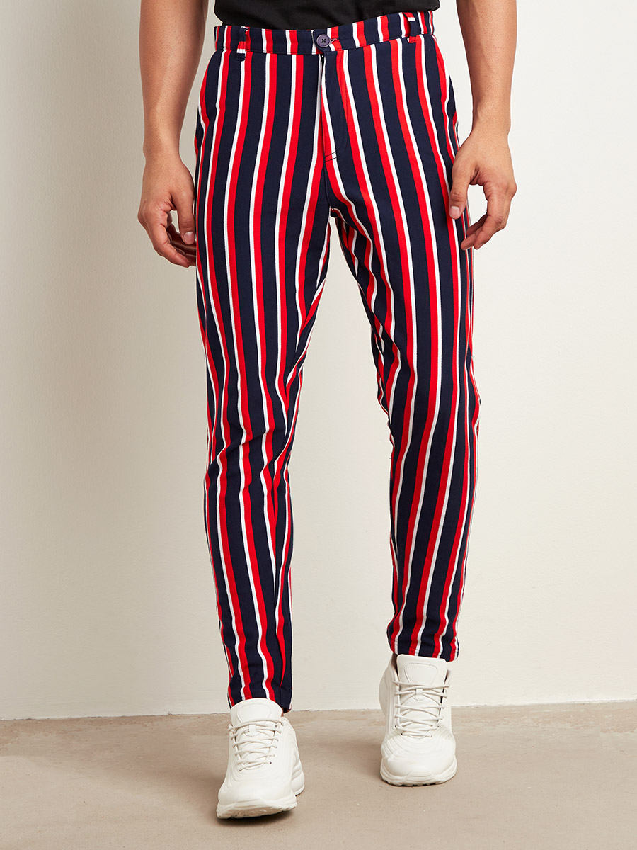 Striped Slim Fit Pants with Button-Zip Closure