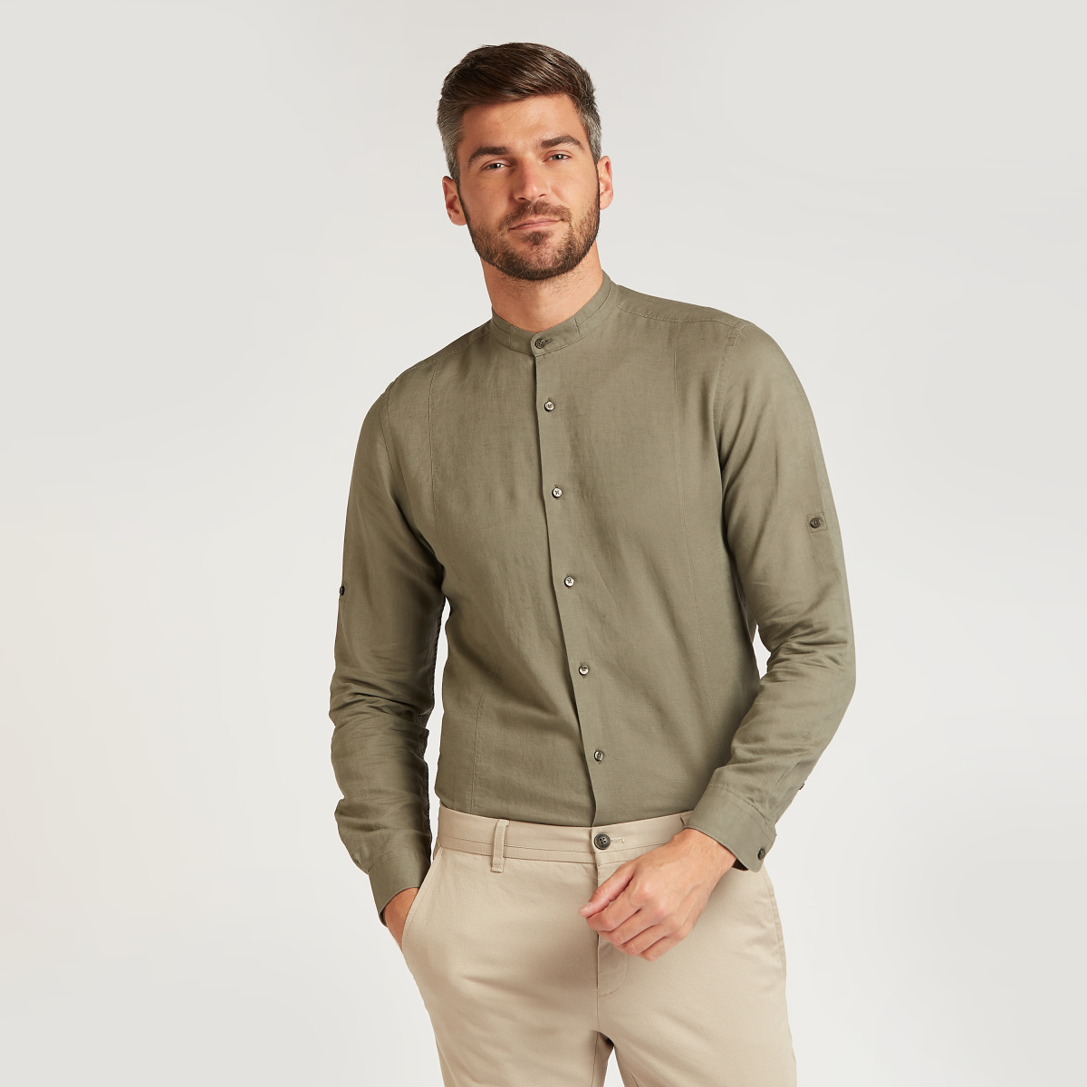 Buy Solid Mandarin Collar Shirt with Long Sleeves and Button