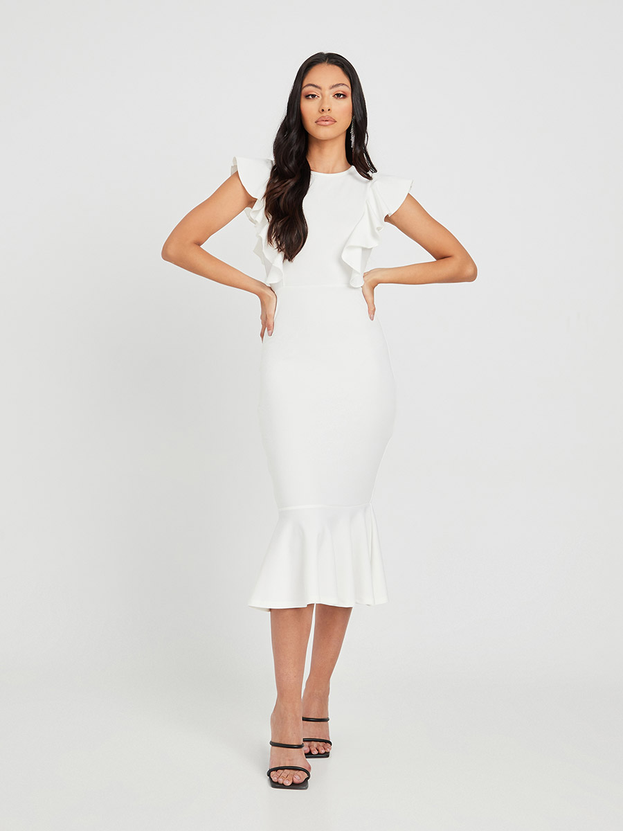 Extended Ruffle Sleeves Bodycon Midi Dress with Frill Hem For