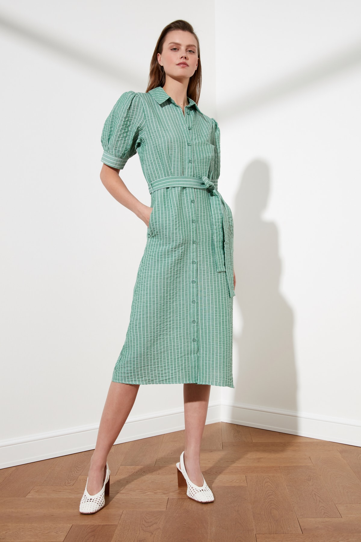 Short Sleeves Striped Woven Midi Dress with Tie Up For Women at - Main Image