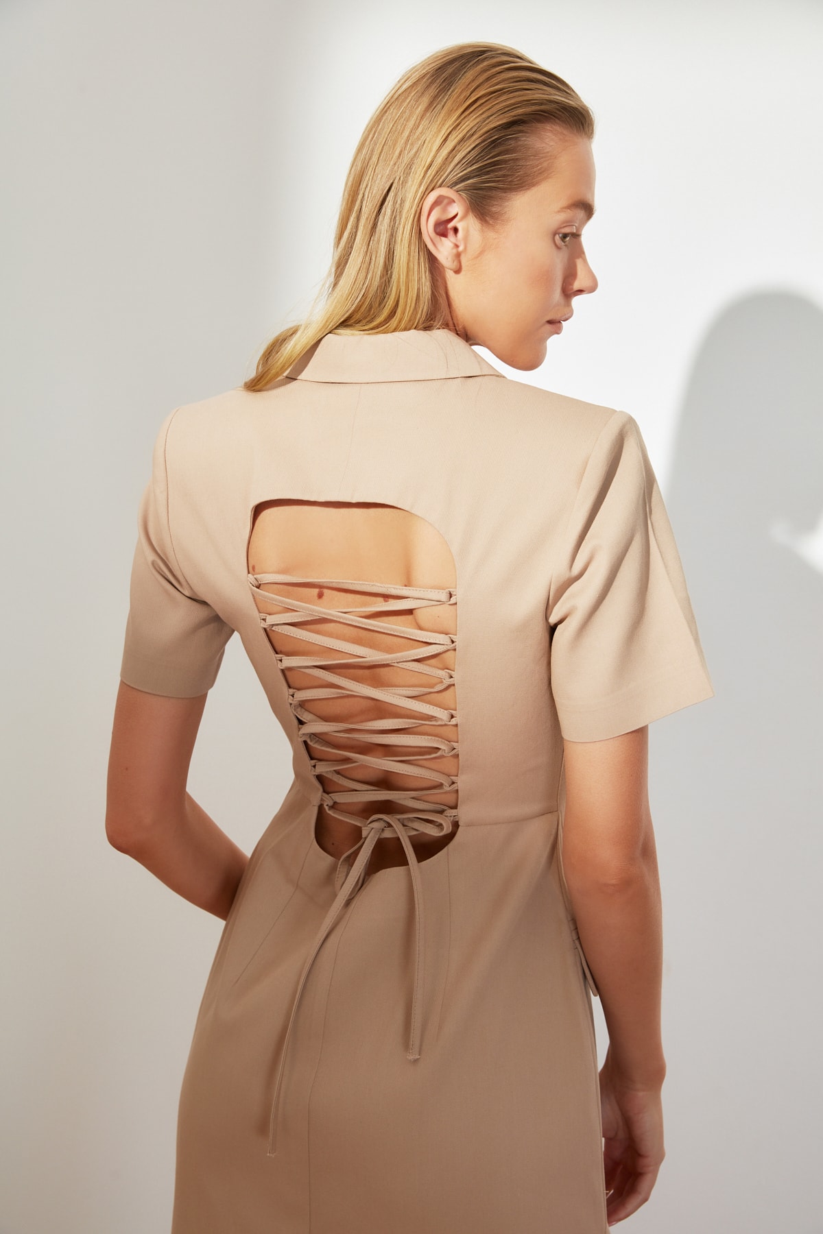 Short Sleeves Woven Blazer Mini Dress with Back Tie Up Detail For