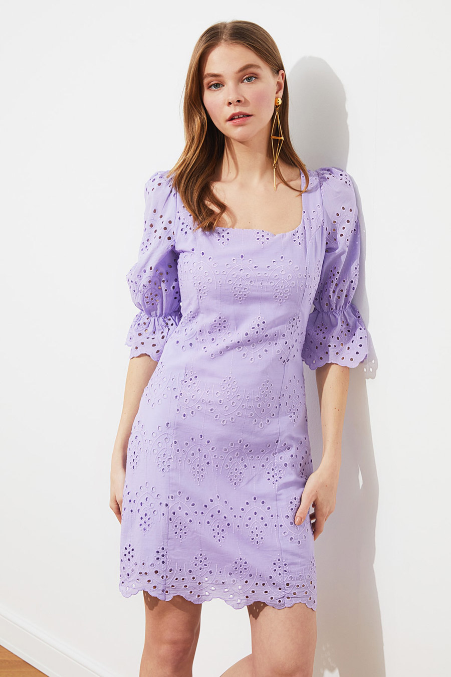 Puff Sleeves Schiffli Cotton Sheath Mini Dress For Women at Saudi