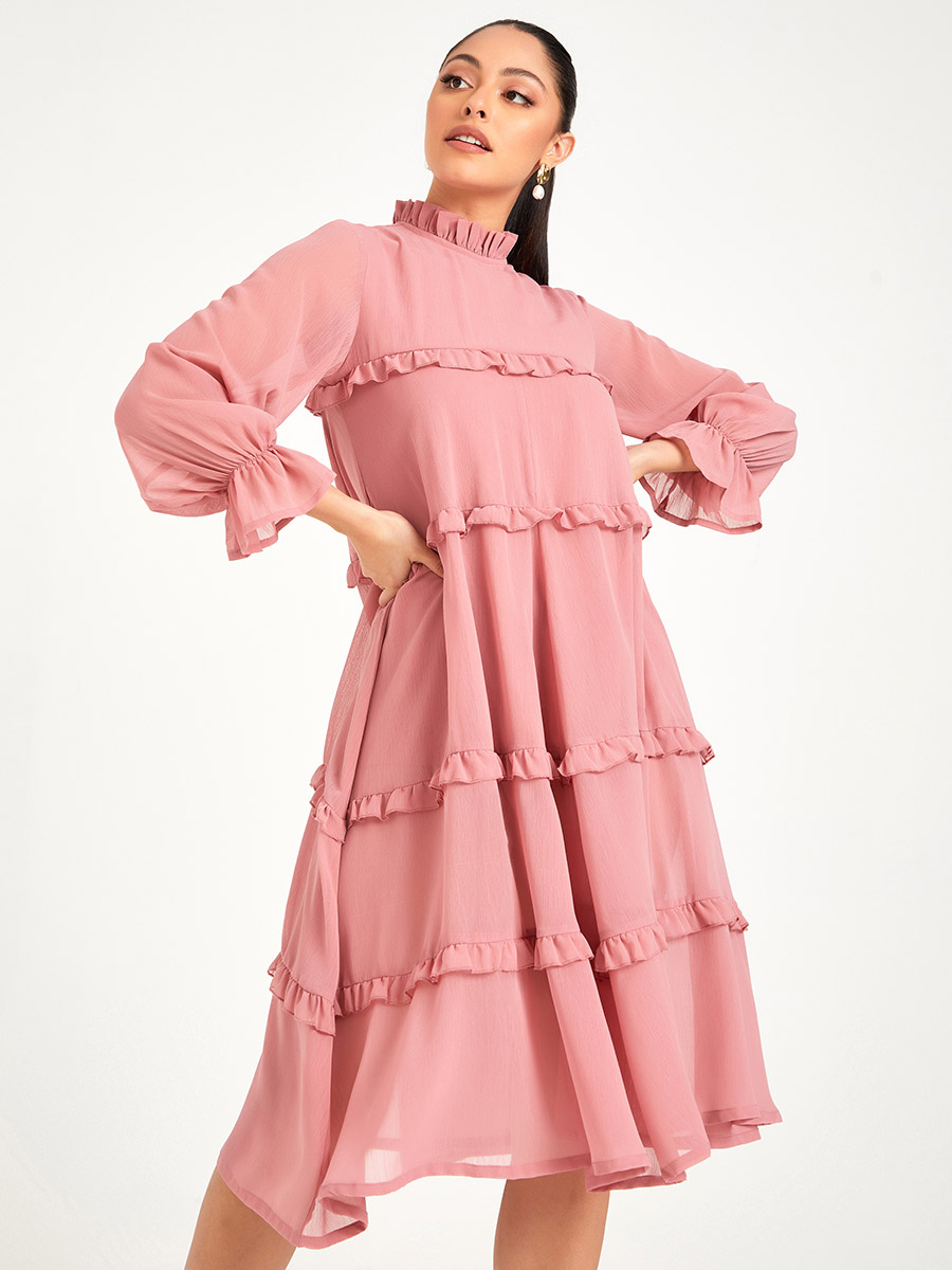 Frill Cuff Sleeves Tiered Smock Midi Dress with Ruffle Detail For