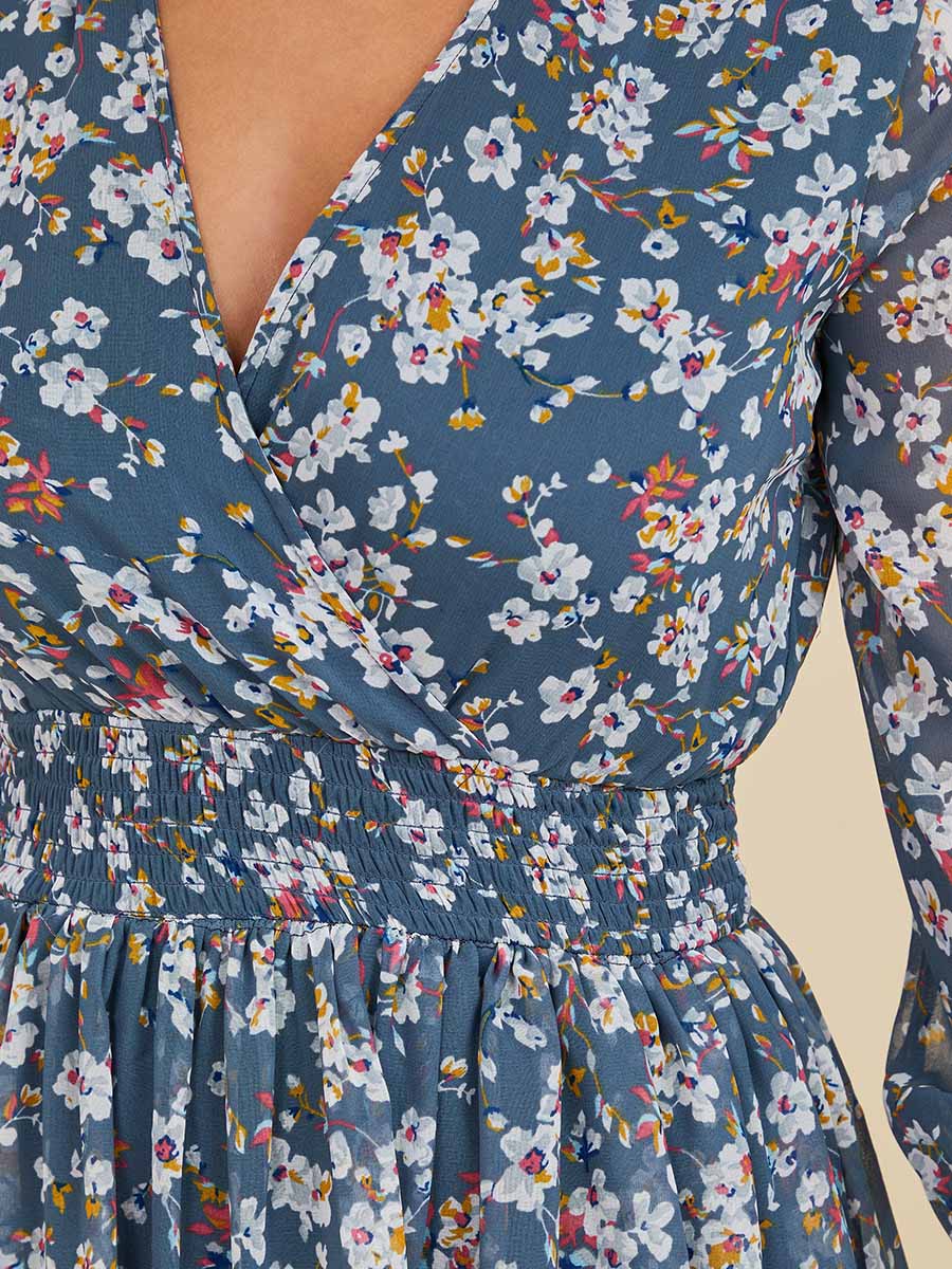 Long Sleeves Floral Print Shirred Waist 